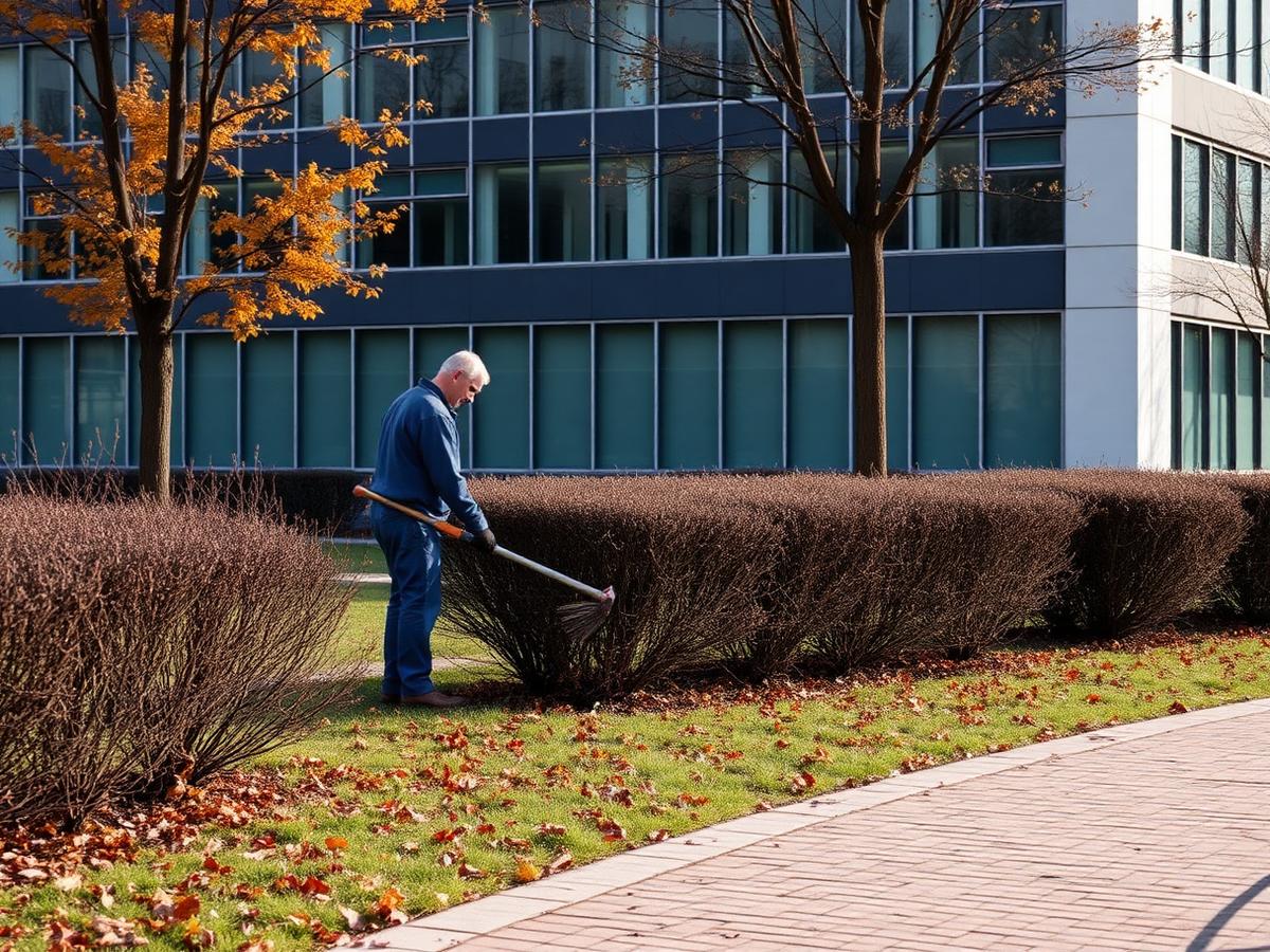 Mitarbeiter pflegt die Außenanlage eines Bürogebäudes